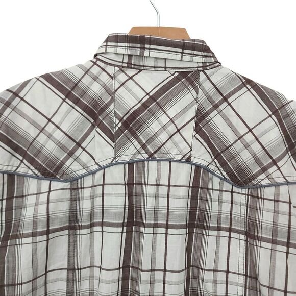 BKE Mens Tailored Fit Plaid Shirt XL White Brown Short Sleeve Pearl Button - Picture 10 of 12